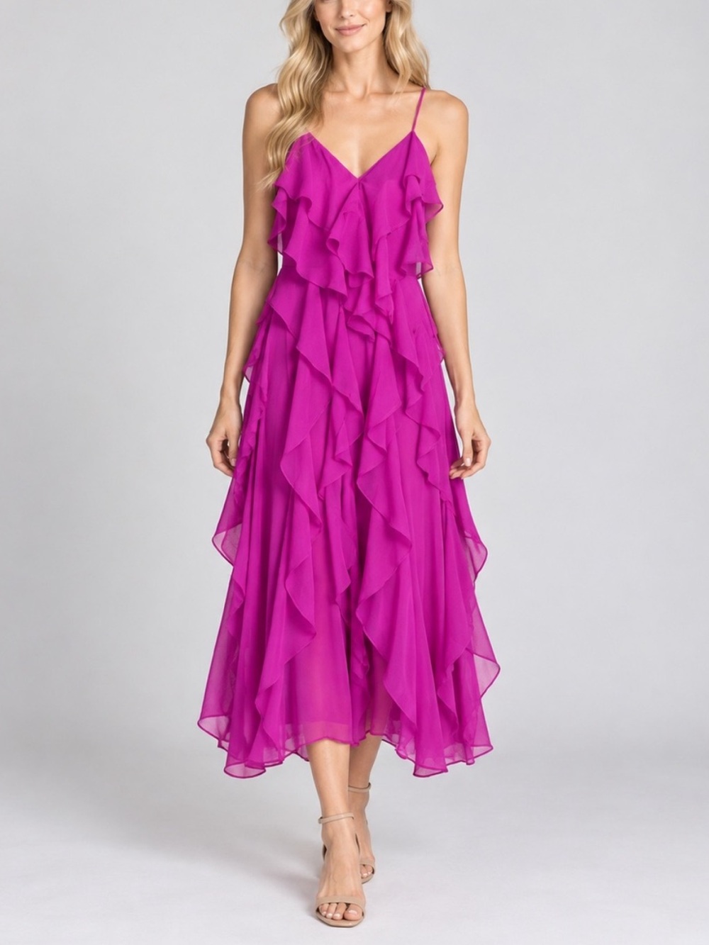 Étre Aimé Fuchsia Pink Ruffle Chiffon Midi Dress Size Medium 57181